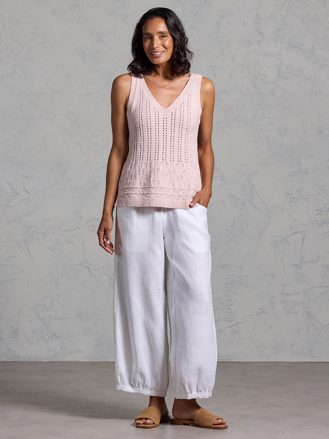 Woman wearing Sandlily Cotton Linen Knit Top Rosewater from Nomad the Label
