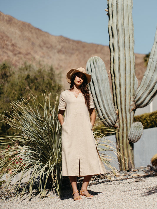 Model wearing Tulum Linen Midi Dress Oat