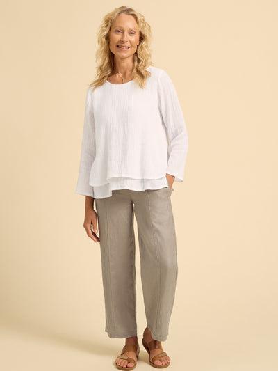 Model wears Viola Linen Top in White