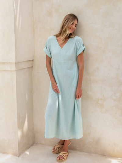 Model wears Catalina Cotton Dress in Seaglass