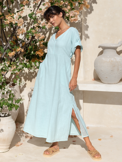 Model wears Catalina Cotton Dress in Seaglass