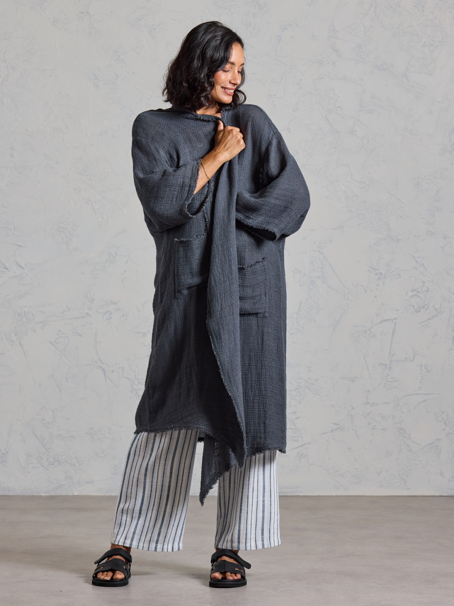 Full length view of the Laguna French Linen Kimono in charcoa