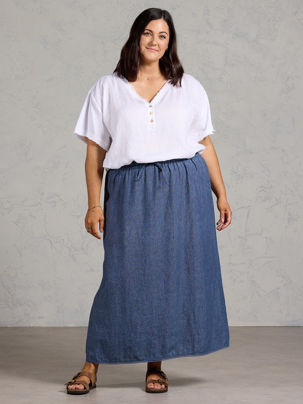 Rosa French Linen Skirt Pacific Blue