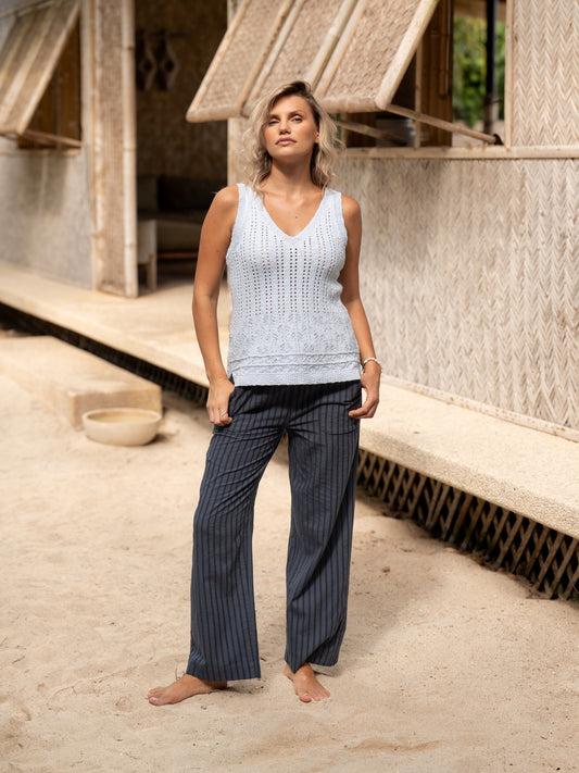 Sandlily Cotton Linen Knit Top Serene Blue