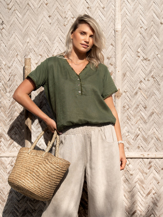 Vivre French Linen and Cotton Blouse Olive