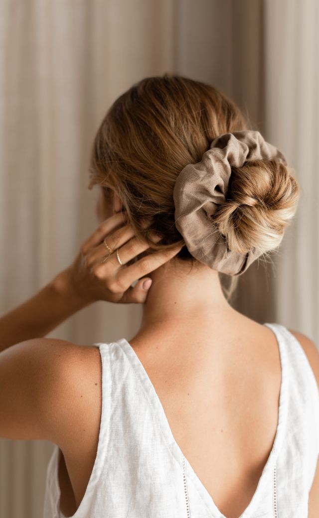 Image features Jumbo Linen Scrunchie in Cinnamon