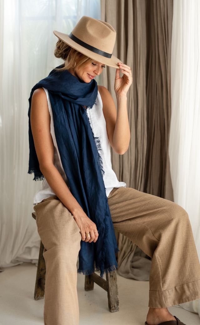 Image features Omari Linen Scarf in Navy Blue